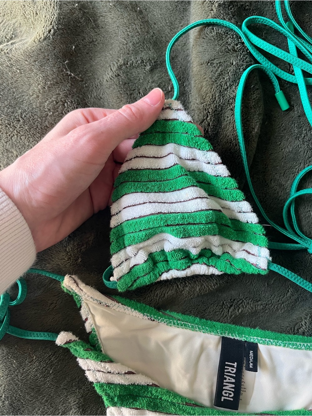 Discontinued, triangl swimwear Green and White Striped Bikini Top and Bottom